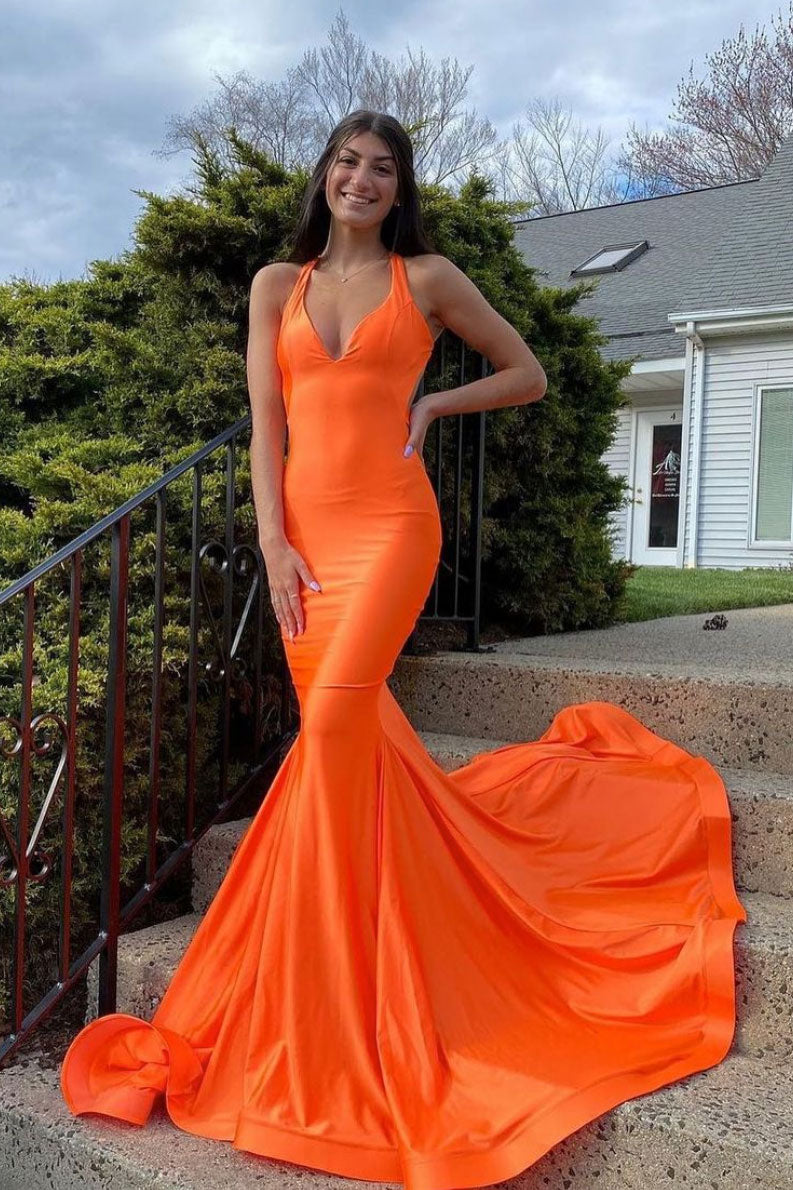 Simple Orange satin mermaid long prom ...